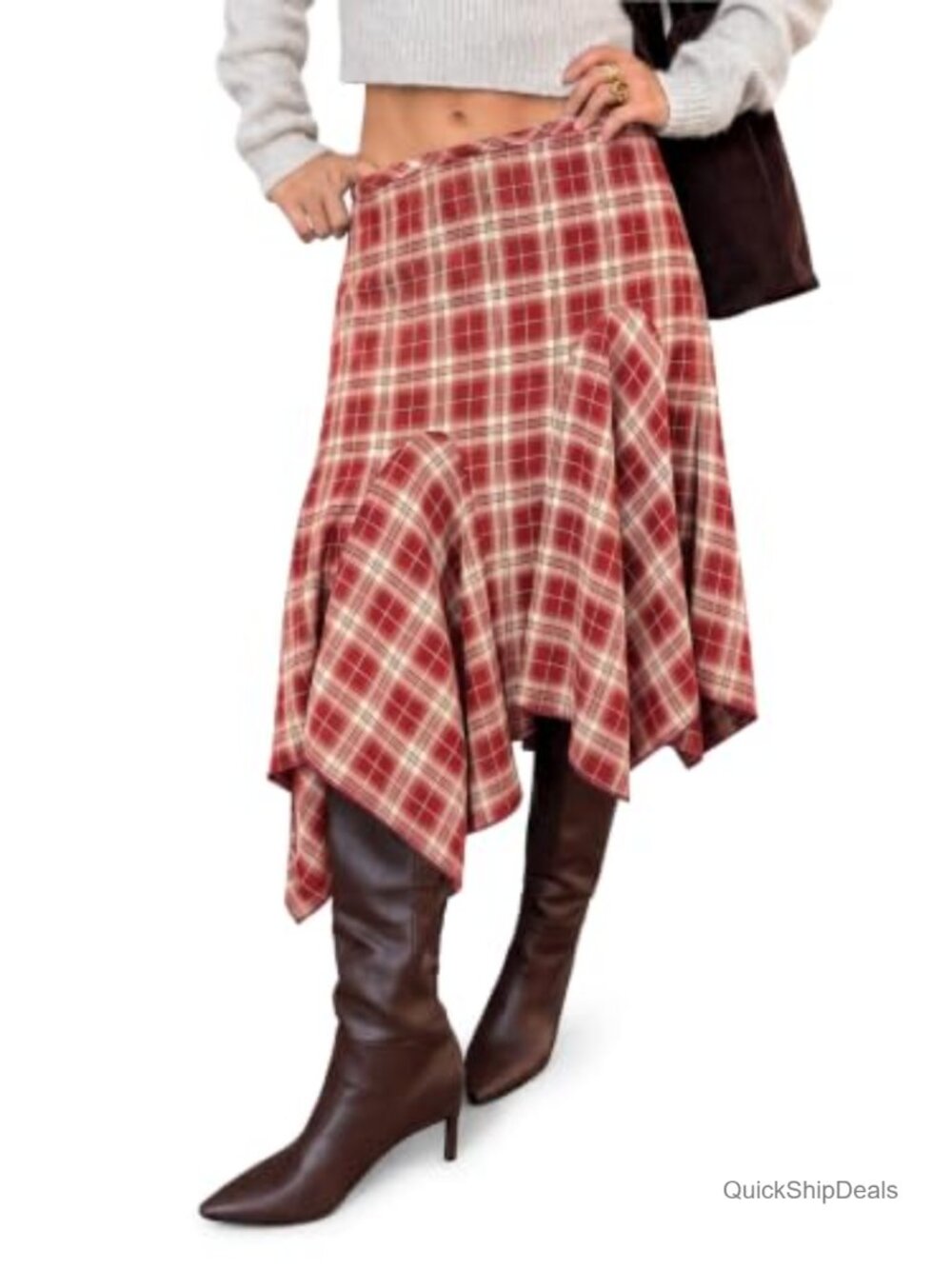 Plaid Midi Skirt Y2K Low Waist Asymmetrical Flowy A-Line